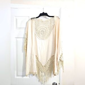 Elegant Cream Crochet Fringe Kimono